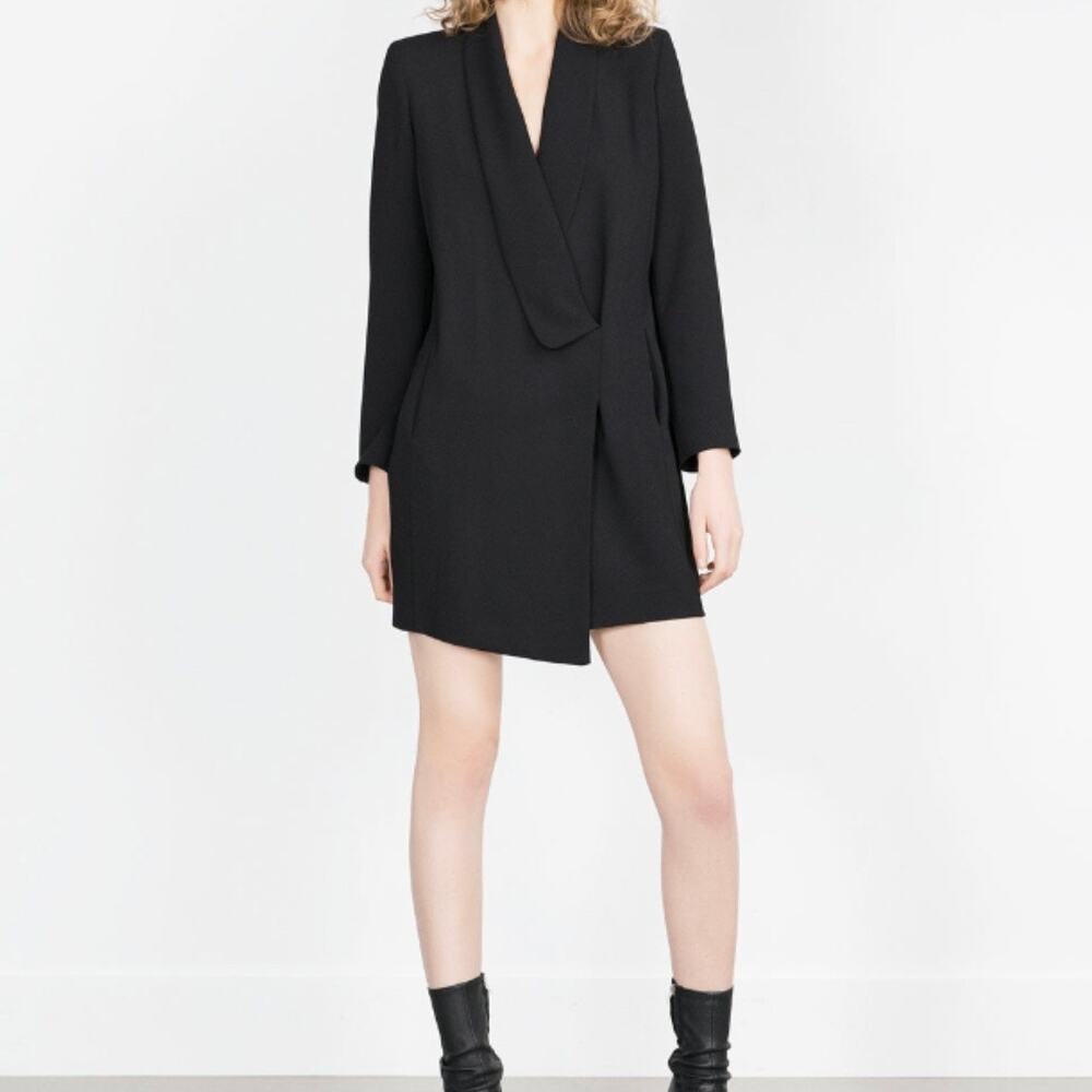 Zara Dress Faux Wrap Blazer Lapel Collar Women's XS Black Long Sleeves